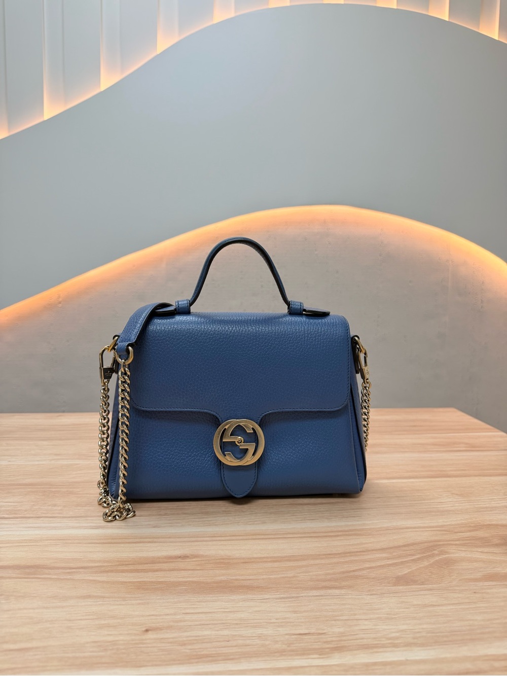 Gucci Navy Leather Top Handle Satchel with Gold Hardware